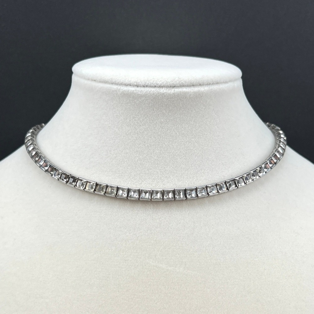Crown Trifari Vintage Rhinestone Necklace Choker Silver Tone Art Deco 13" READ‎